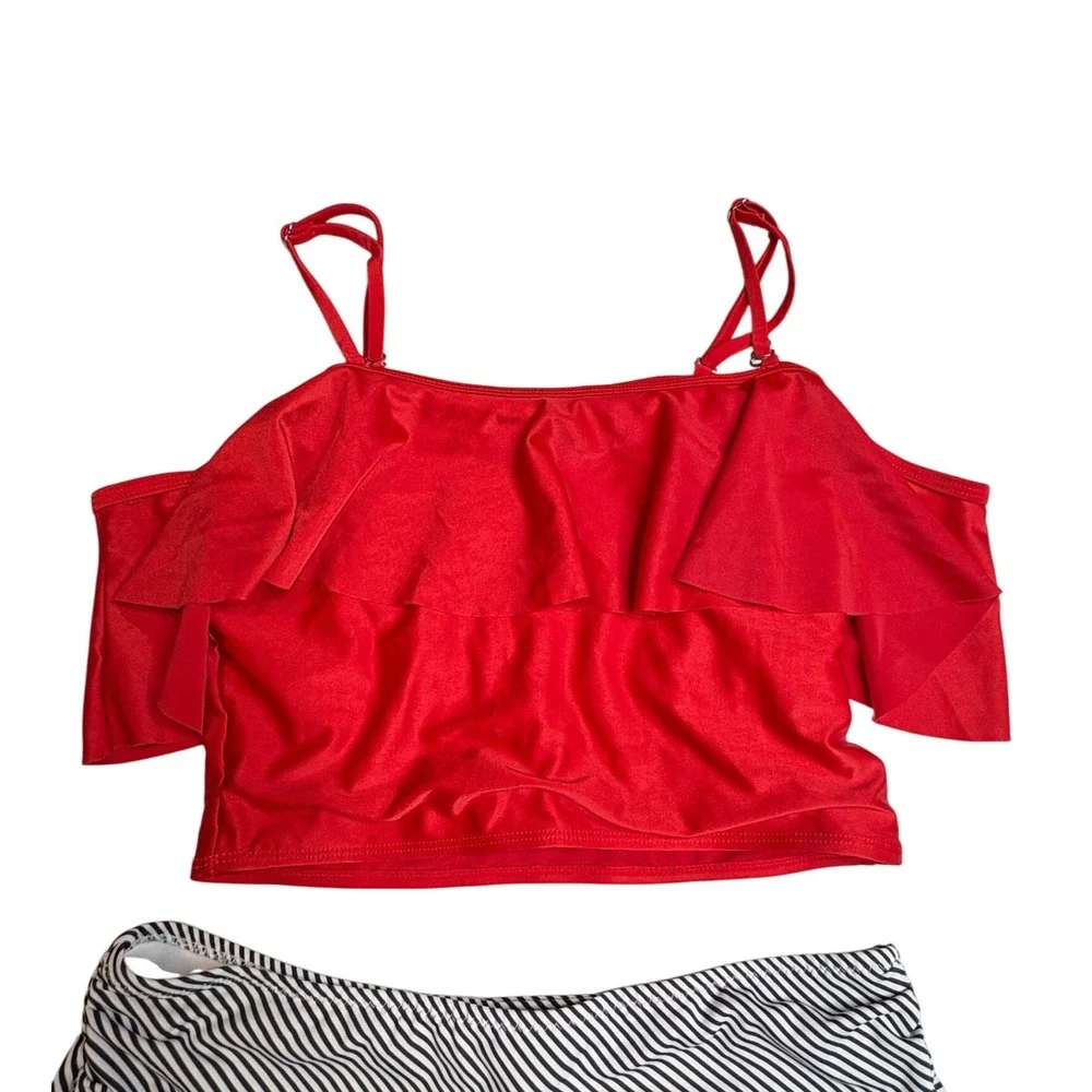 Cupshe Bikini Set Womens L/M Red Ruffle Top‎ Striped High Waist Bottom Swimsuit